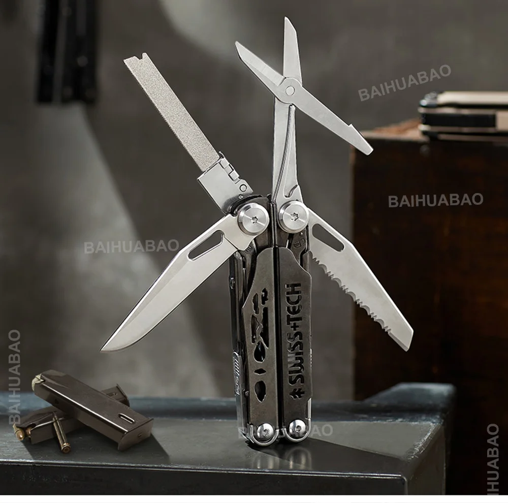 SWISS TECH-Alicate Multiferramenta EDC Folding Multi Tool, Tesoura com lâmina de serra substituível, Ferramentas manuais de sobrevivência ao ar