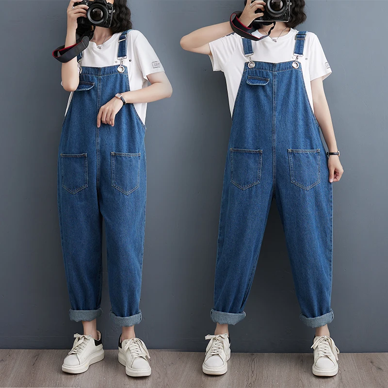 Casual Streetwear Big Size Denim Overalls For Women Sping Blue Strap Jeans Jumpsuits Loose Wide Leg Dungarees Cargo Baggy Pants