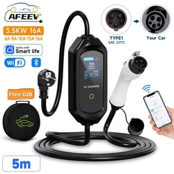 AFEEV 3.5KW Portable EV Charger Type1 SAE J1772 EVSE 16A Fast Charging Cable Type2/GBT Wallbox WiFi APP Bluetooth Remote Control