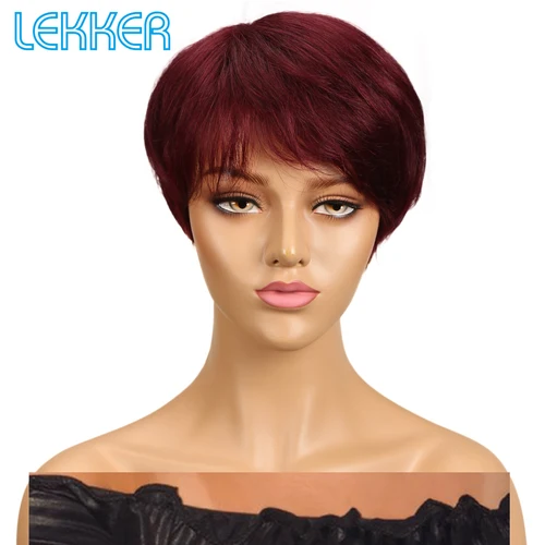 Imagen 2 del producto Lekker-pelucas de cabello humano 100% liso con corte Pixie corto de color con flequillo para mujer, cabello Remy brasileño, liquidación de color rojo burdeos