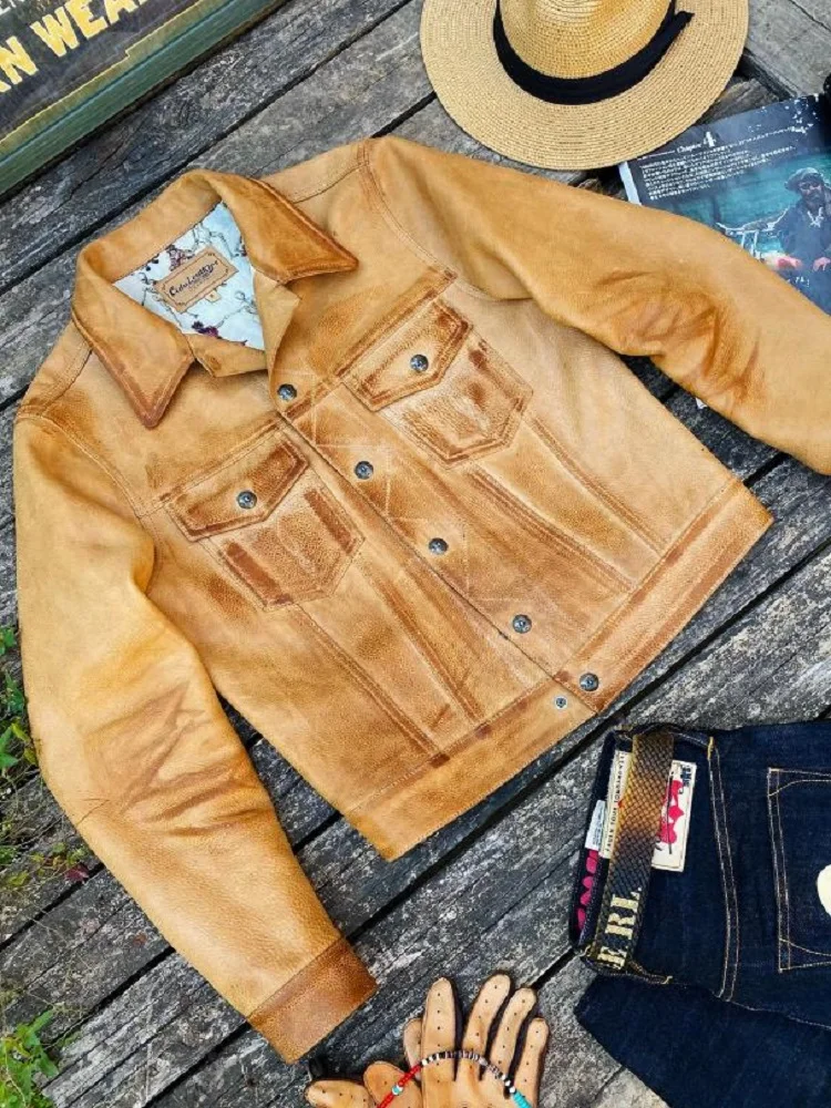 YR!Free shipping.Brand CIDu Denim 507 style jacket.Classic Vintage casual real leather coat for man,Luxury Unpainted cowhide