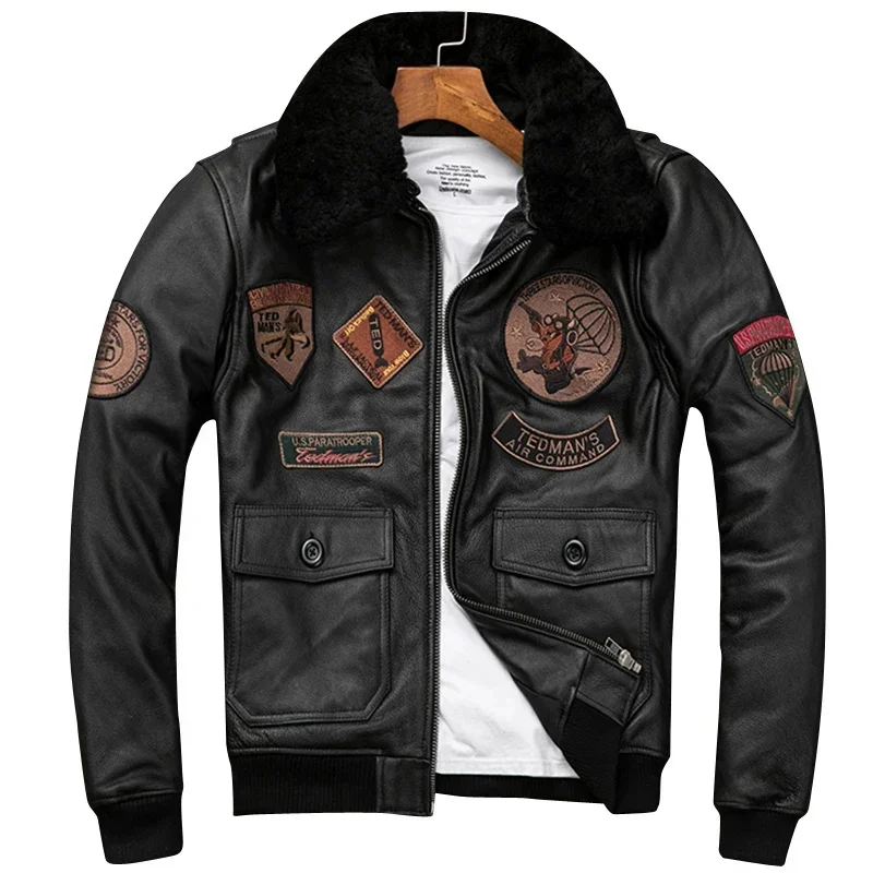 Detachable Natural Fur Collar Genuine Cowhide Men Leather Patches Flight Air Force Pilot Coat Winter Bomber Jacket