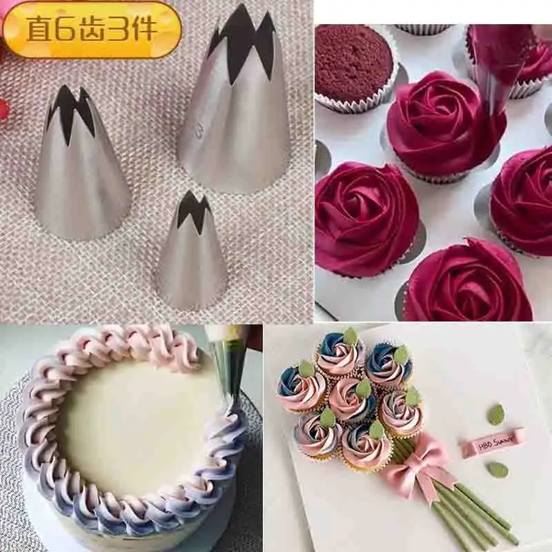 6 Teeth Piping Tips Set Rose Cookie Birthday Cream Cake Kitchen Baking Tools Stainless Steel Frosting Tips Cupcakes Decorating