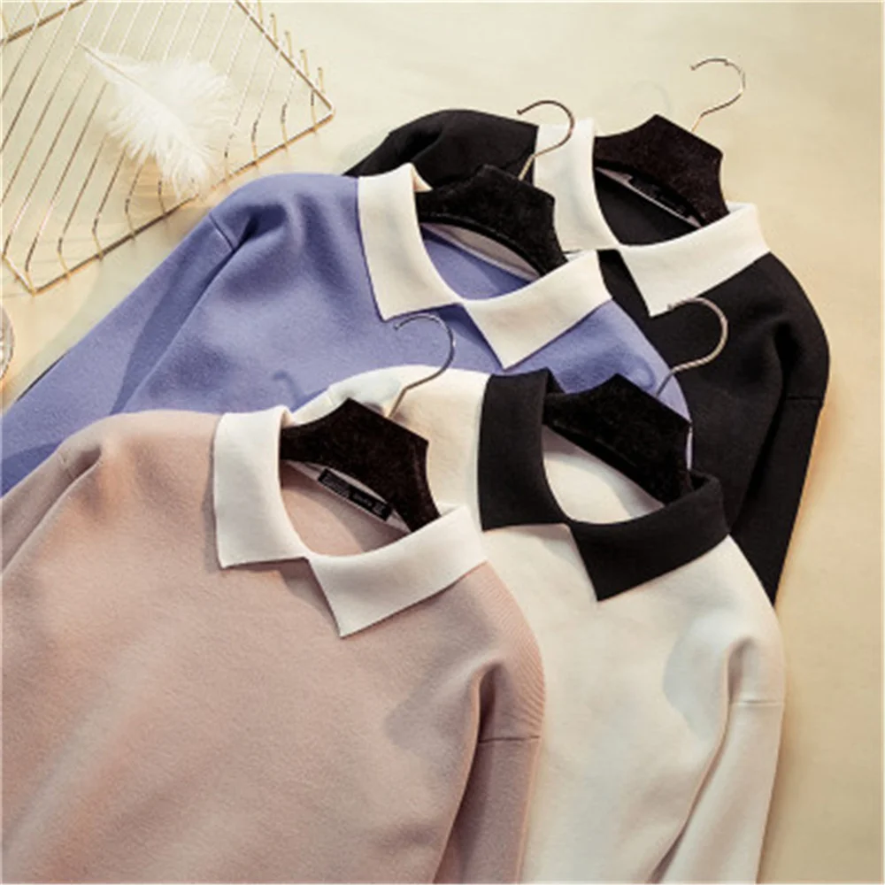 

Winter Korean Wild White Turn-Down Collar Pullovers Women Sweater Long Sleeve Slim Fit Knittted Preppy Kintwear