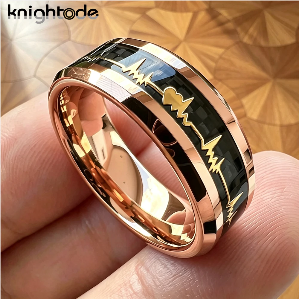 8mm Tungsten Carbide Ring with Carbon Fiber Inlay Gold Plated EKG Heartbeat Design Wedding Band for Men And Women Anniversary view 2