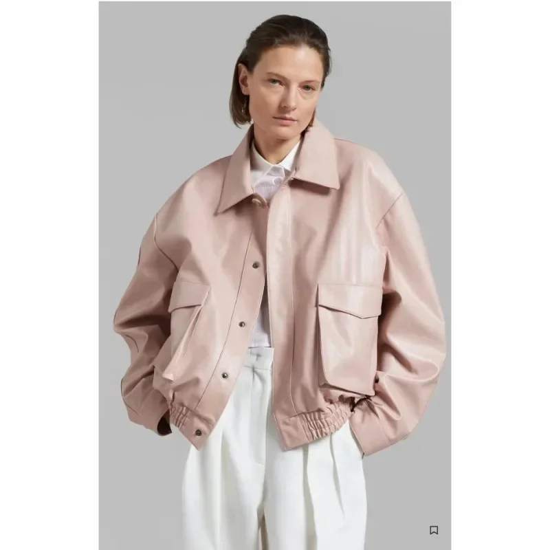 

FKS@ Coat 2024 Autumn/Winter Coco Xili Pink Leather Double Pocket Designer Leather Jacket