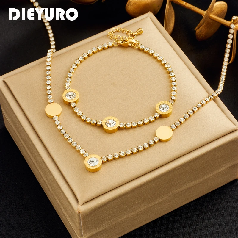 DIEYURO 316L Stainless Steel Round Roman Numerals Necklace Bracelets For Women Girl New Waterproof Zircon Choker Jewelry Set