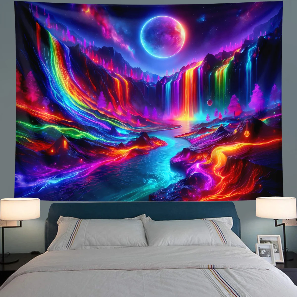 1pc Rainbow fluorescent tapestry for mountain peaks and waterfalls, UV reactive tapestry, natural landscape wall hanging