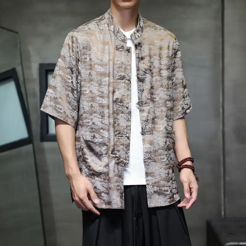 New Chinese Plus Size 6Xl Jacquard Top Men Tang Clothes Blouse Mandarin Collar Vintage Button Hanfu Jacket Casual Shirt Outwear