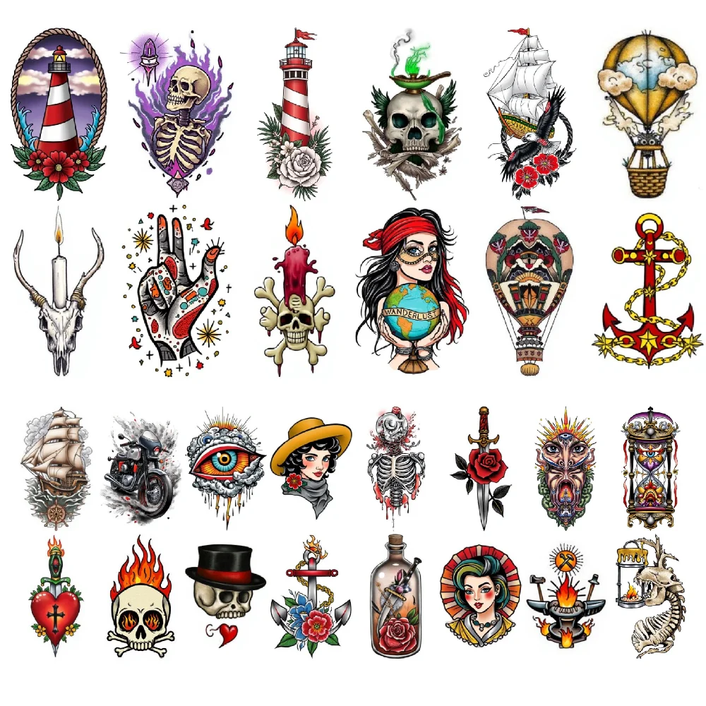 

28pcs Temporary Tattoo New School Traditional Skeleton With Lantern Pirate Ship Skeleton With Wings For Men Adults Women