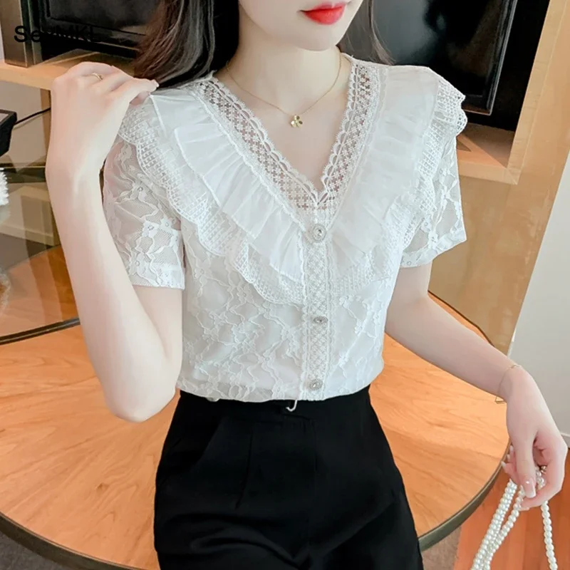 Summer White Lace Blouses 2024 Fashion V Neck Ruffles Casual Blusas Femininas Korean Style Clothes Slim Elegant Y2k Tops Mujer