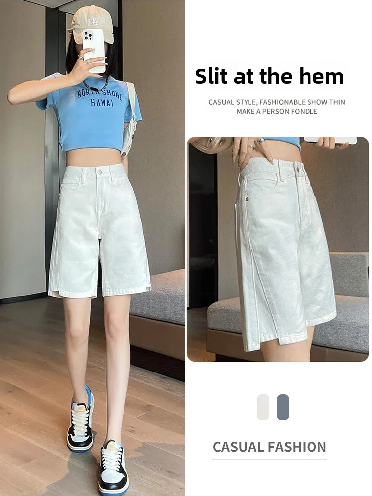 

Летние тонкие свободные утягивающие белые джинсовые брюки с высокой талией «пять четвертей», женские прямые широкие брюки средней длины 5 четвертей