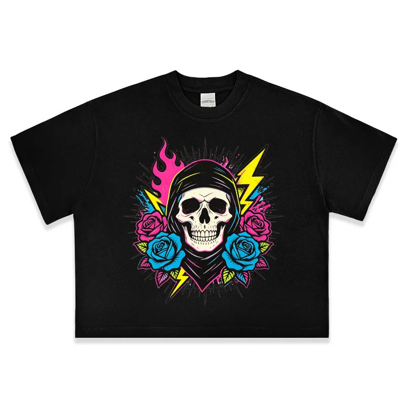 Oversized Skull Roses Lightning Flame T Shirt DTG Printed Punk Rock Graphic Tee Unisex Street Style Casual Short Sleeve Top