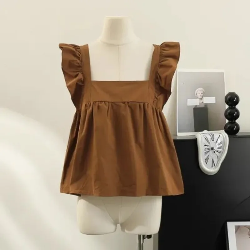 Neploe Elegant Sweet Square Collar White Blouses 2024 New Ruffles Flying Sleeve Shirts Summer Backless Bow Vest for Women