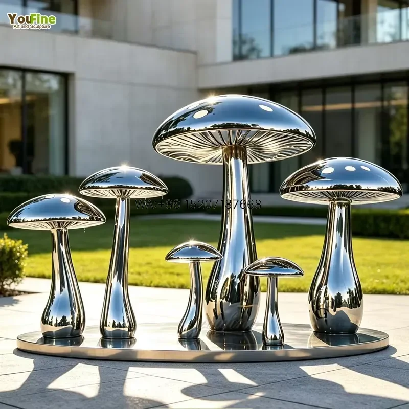 Wmwmnu Stainless Steel Mushroom Sculpture Mirror Polished Garden Statue Outdoor Patio Decor Modern Toadstool Yard Art Villa