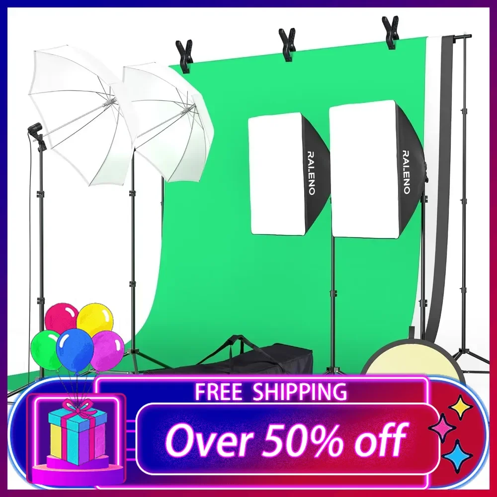 

Photography Lighting Kit, 8.5 x 10 ft Backdrop Stands with Green Screen,Softbox and Umbrella with 5500 K, 97CRI, LED Light Bulbs