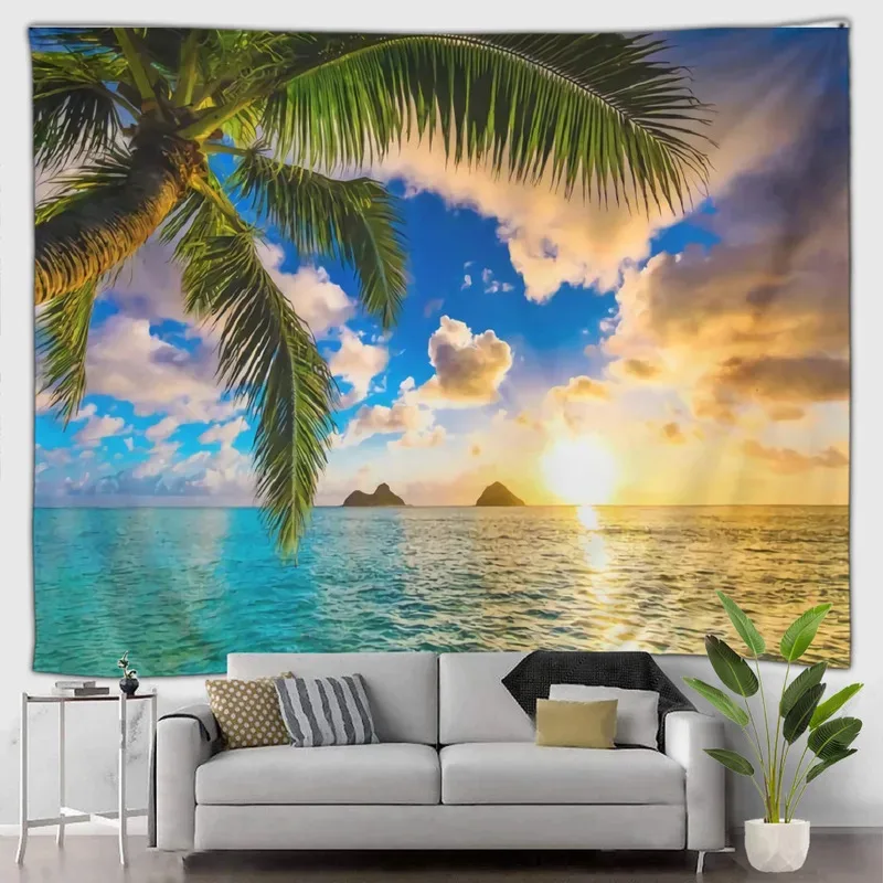 

ZYJ01Hawaii Beach Scenery Tapestry Cartoon Santa Ocean Sea Palm Tree Sailboat Autumn Winter Forest Landscape Wall Hanging Ho7Dc