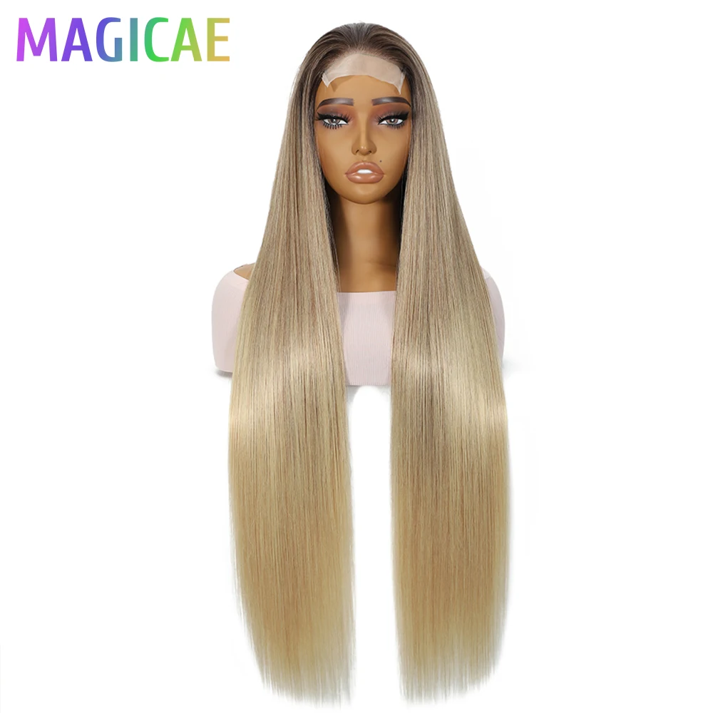 

36-дюймовый парик с кружевной передней частью 4x4, омбре коричневый с прядями Piano Blonde P27/613, прямой, термостойкий, синтетический, для косплея