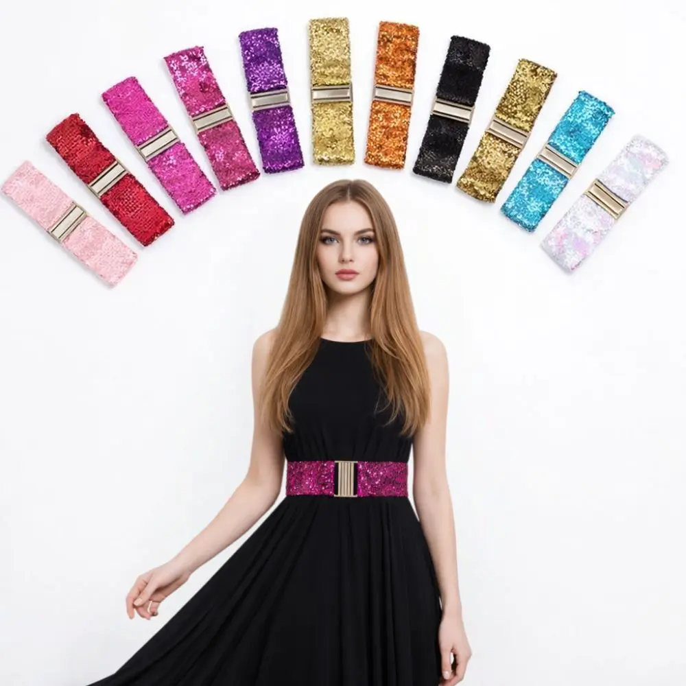 60cm Elastic Sequin Stretch Belt Eye Catching Versatile Shinny Waistband Gold Buckle Disc Professional Women's Belt Dresses