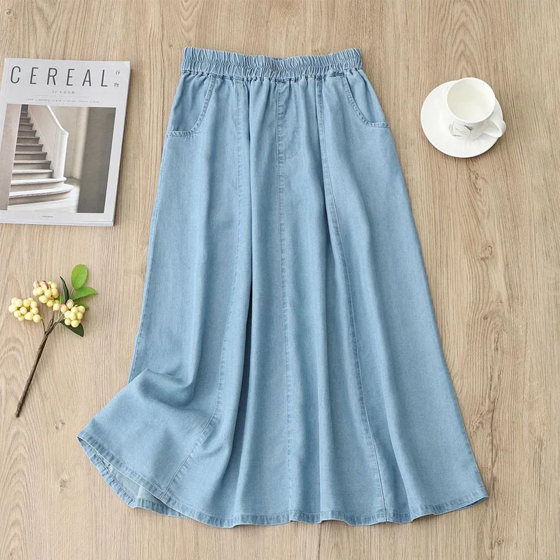 Korean Simplicity A-Line Women\'s Denim Skirt 2023 Thin Loose Casual Elastic High Waist Pockets Skirts Summer Female Clothing