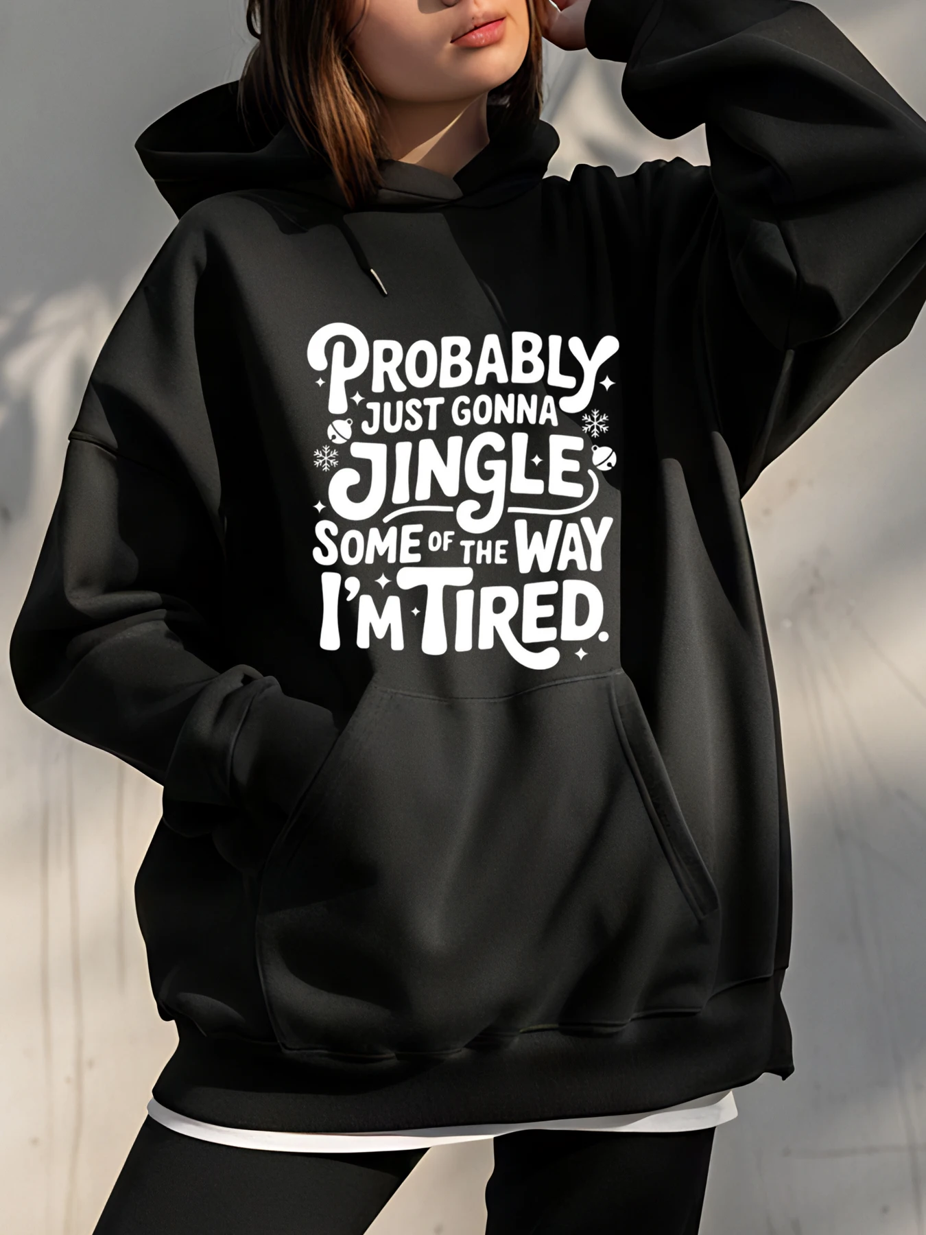 Christmas Hoodie with Jingle Text Design for Women Casual Wear Holiday Outfit Street Style Fashion