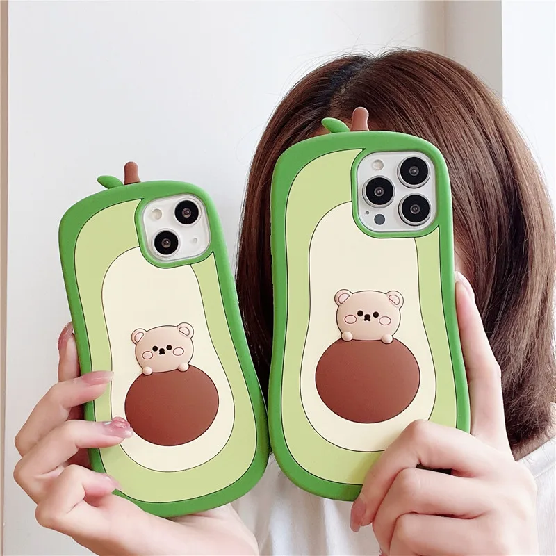 Luxury Cartoon Avocado 3D Case for iPhone, Cute Soft Silicone Phone Cover, Gift for Kids, iPhone 14, 13, 12, 11 Pro, XS Max, XR,