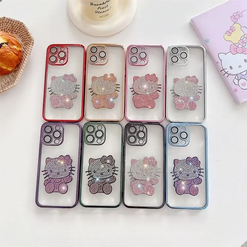 Sanrio Kawaii Hello Kitty IPhone Silicone Mobile Phone Cases Anime Cartoon Transparent Crystal Diamond Phone Protective Covers