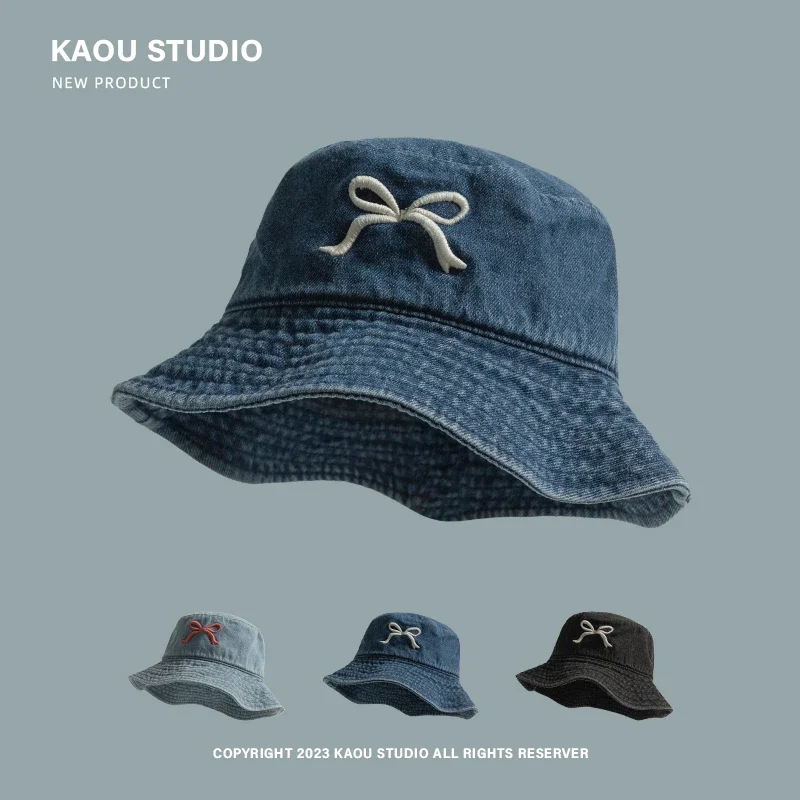 

Japanese High Quality Retro Denim Bucket Hats for Women and Men Ins Sweet and Cute Bow Embroidered Versatile Sunscreen Basin Cap