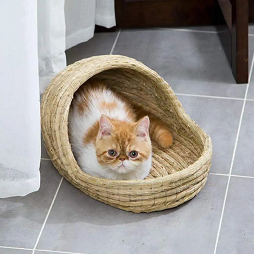 Cat Bed Woven Sleeping Bed Cat Scratch Rattan Natural Grass Bed Slipper Shape Rabbit Hamster Squirrel Mat Guinea Pig Nest House