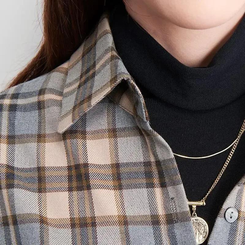 Geruite shirts Dames Elegant All-match Retro High Street Design Turn-down kraag Single Breasted Lange mouw Blouses Lady Ulzzang