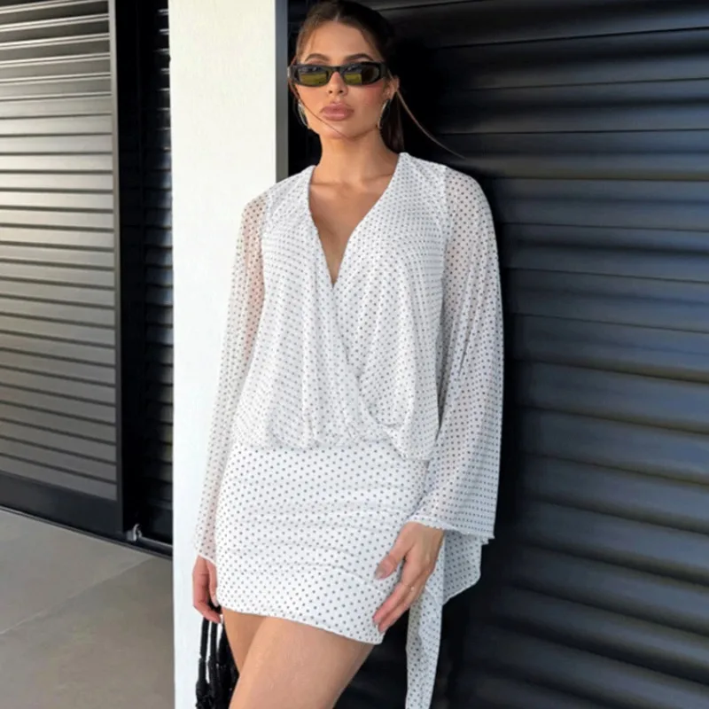 

Ticketsx Summer Polka Dot Lace Up Dress Elegant V-Neck See Through Slim Dress Fashion New Backless Vacation Street Women's Dress