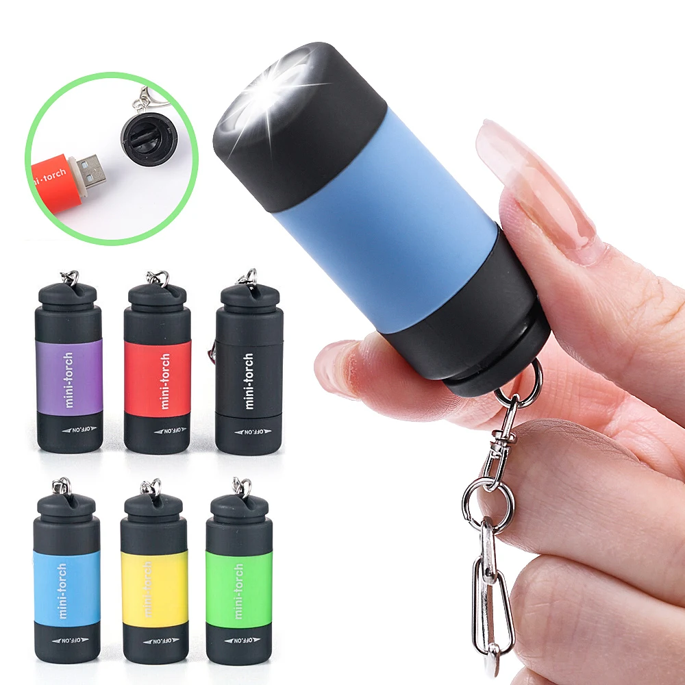 Led Mini Torch Light Powerful USB Rechargeable Waterproof Keychain Flashlight Portable Outdoor Hiking Camping Emergency Lighting