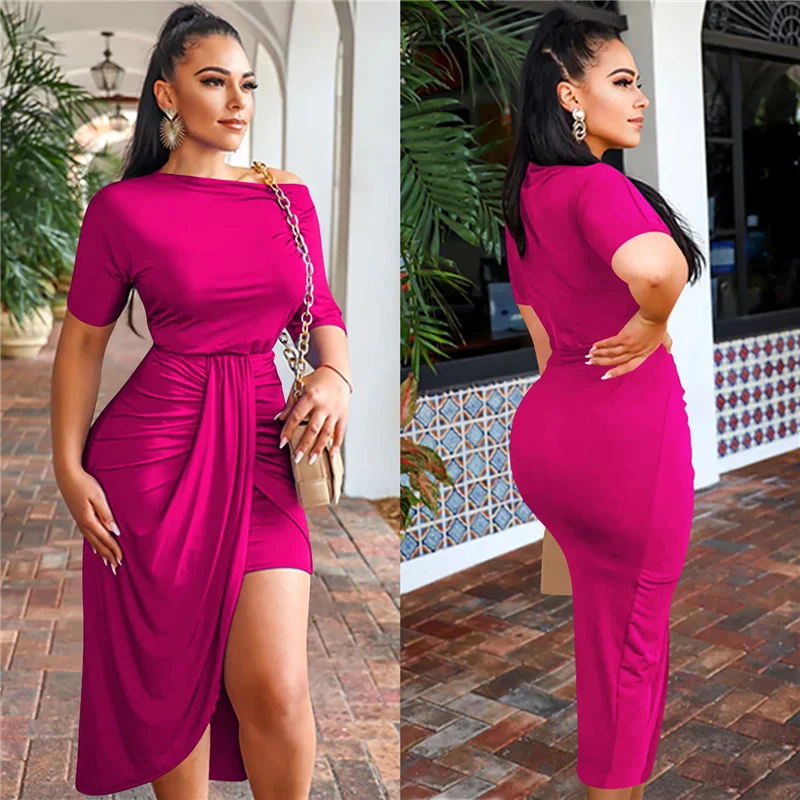 

Sexy Slash Neck Off Shoulder Midi Bodycon Dress Women Elegant Ruched Asymmetrical Summer Dress Short Sleeve Club Party Dresses