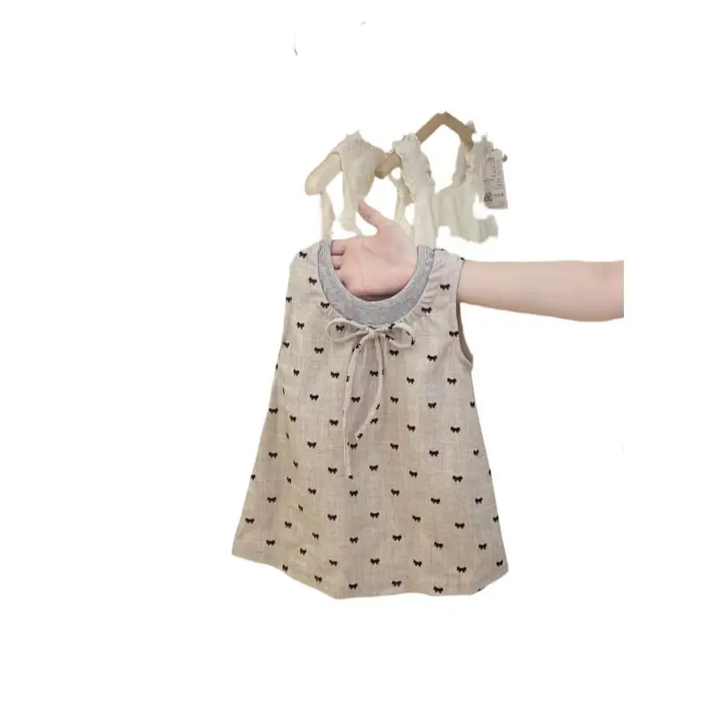 New Apricot Bow Vest Dress for Girls Summer Baby Elegant Princess Dress Fashionable Fake Two Piece Dress