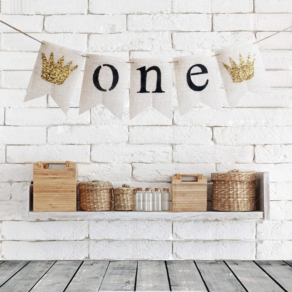 

Crown Pattern Tear Resistant Burlap Bunting Flags Garland Birthday Banner Decorations For First Party Wall Hanging
