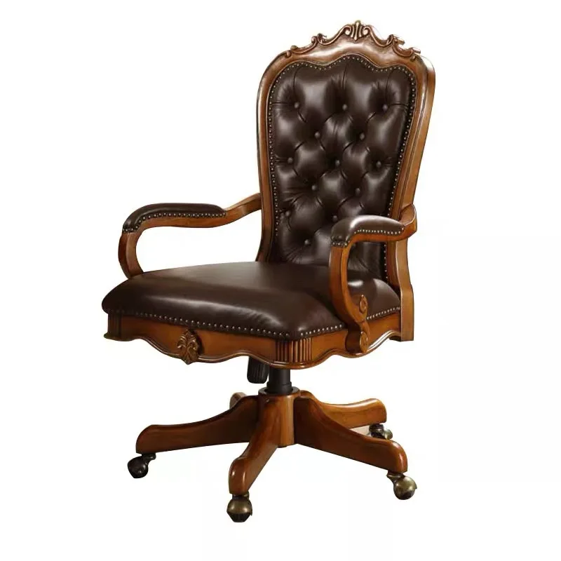 

American leather boss chair retro carved solid wood European computer home office lift