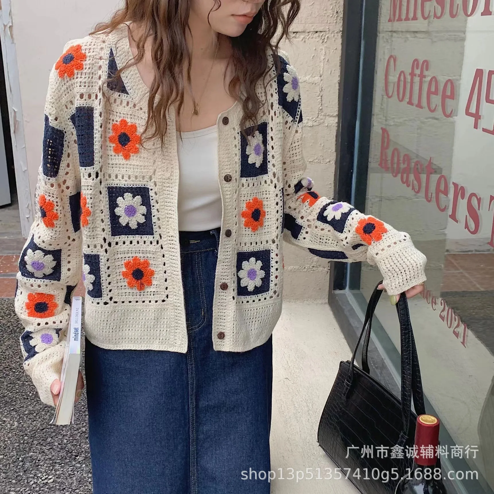 2022 Fall Women\'s Crochet Cardigans Multicolor Y2k Vintage Knitted Sweaters Long Sleeve Loose Coats Warm Sweaters 3 Colors