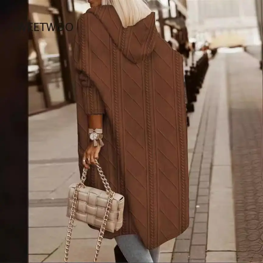 Womens Hooded Cable Knit Trench Coat 2025 Autumn Winter Mid-Length European American Fashion Outerwear