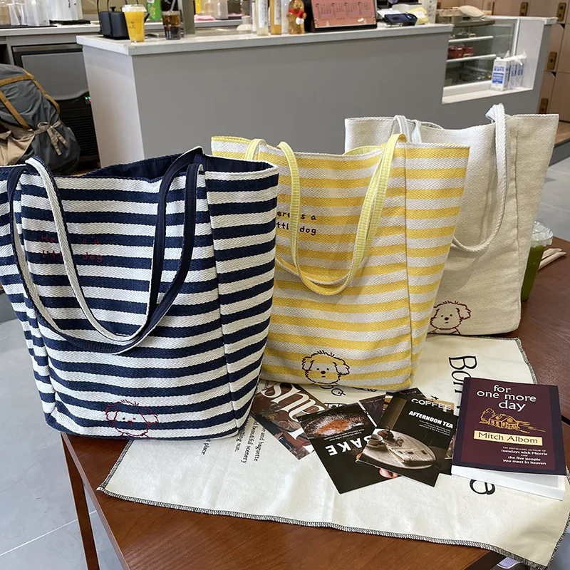 

New Bag Two Sides Back Embroidery Canvas Korean Simple Tote Leisure Shoulder Large Capacity Bags