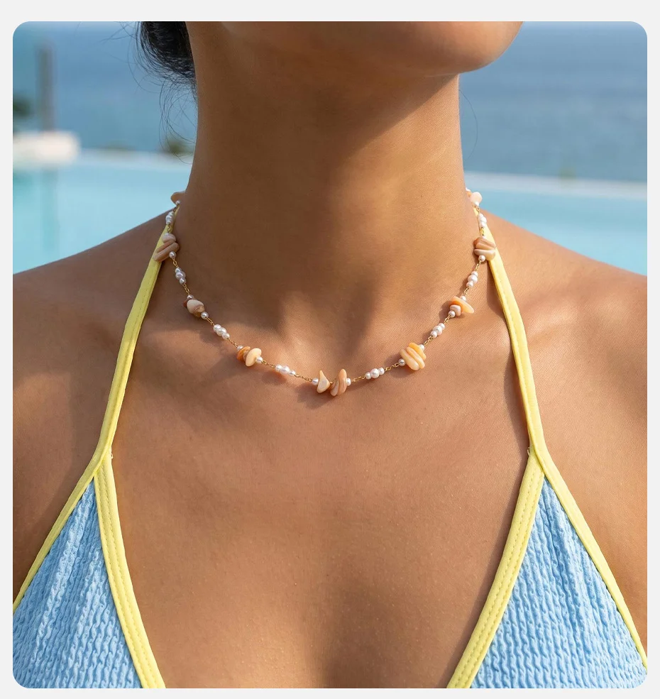Vnox Boho Unregelmäßige Muschel-Halskette und Fußkette für Frauen, Edelstahl, vergoldet, mit Imitationsperlen, Schlüsselbeinkette, Strand-Schmuck – Detail 2