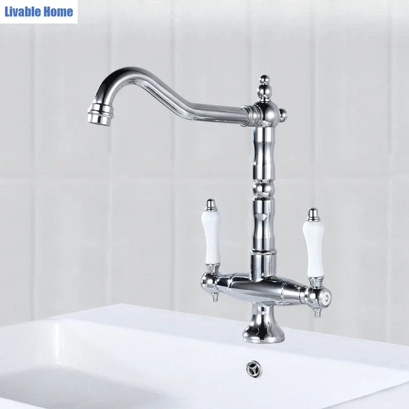 French Vintage Brass Double Handle Basin Faucet Set  Cold Splash Proof Vanity Sink Tap with Bidet Sprayer Kit Luxury Bathroom