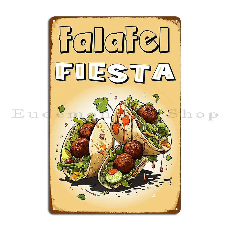 Cartel de placa de Metal personalizado de Falafel Taco Fiesta, fusión culinaria de Oriente Medio, Falafel y Tex Mex Tacos Comixarts