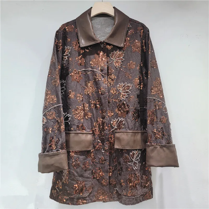 

SuperAen однобортная свободная джинсовая куртка кофейного цвета с блестками и вышивкой, модные сращенные пальто