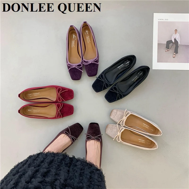 2024 New Autumn Fashion Flat Ballet Shoes Female Bow Knot Shallow Ballet Square Toe Female Ballerina Soft Moccasin Zapatos Mujer