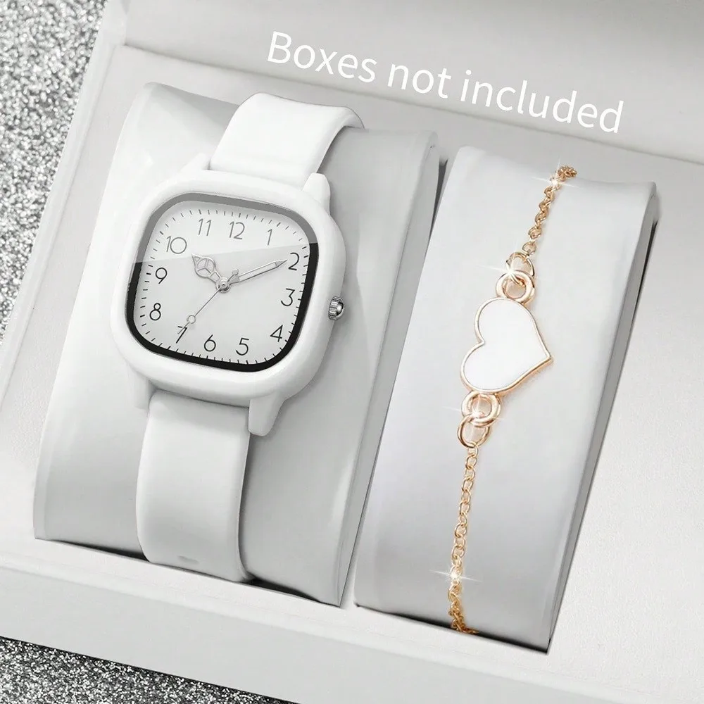 2PCS/Set Square Dial Women Quartz Watch Quartz Movement Silicone Strap Arabic Dial Watch Heart Bracelet Women Watch Casual Wear