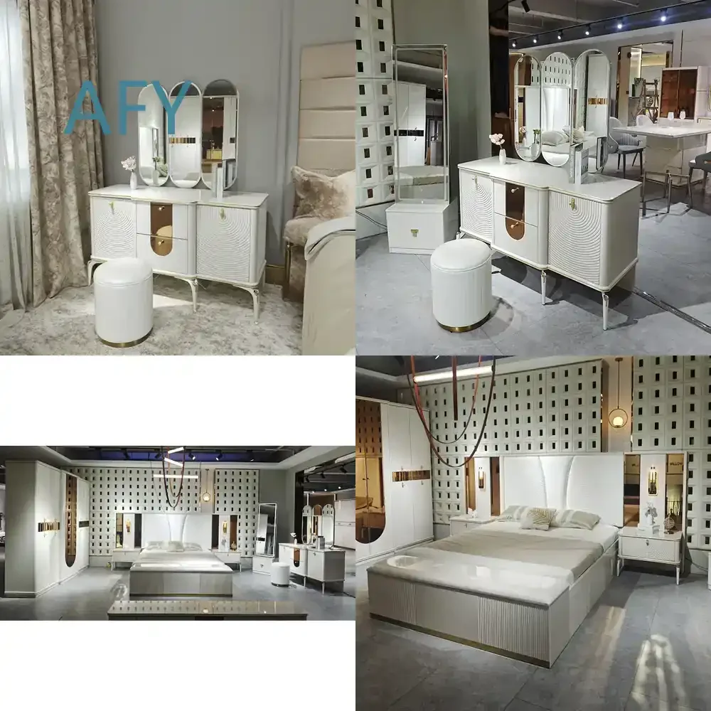 Elegant White Modern Wooden Dressing Table Set for Home Bedroom Luxury Makeup Vanity with Mirror for iPhone Samsung Laptop