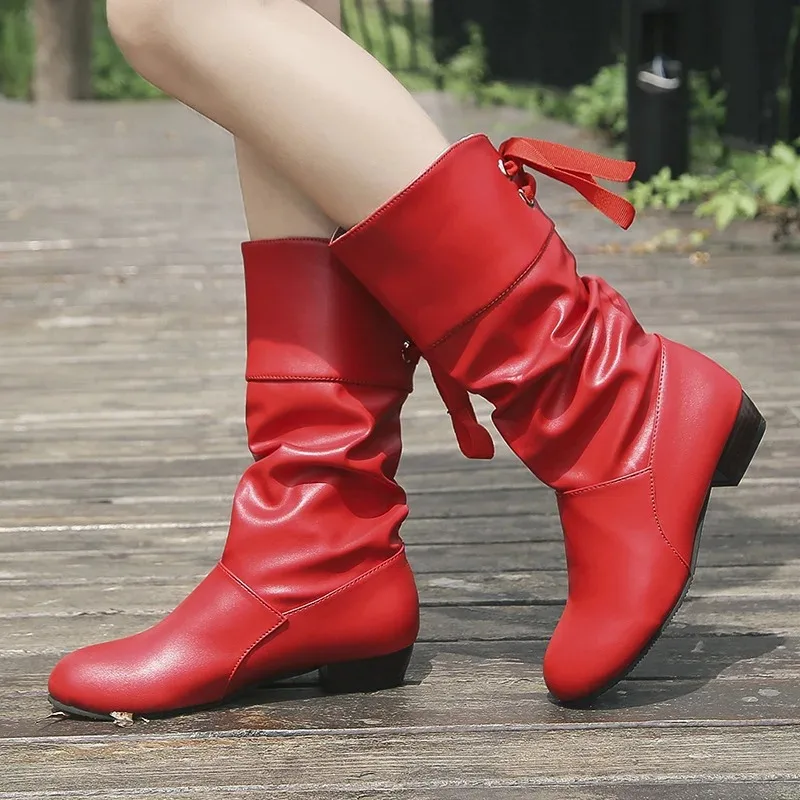 

Womens Boots Fashionable Pleated Design Mid-Calf Boots High Quality Round Toe Leather Booties Classic Motorcycle Boots for Women