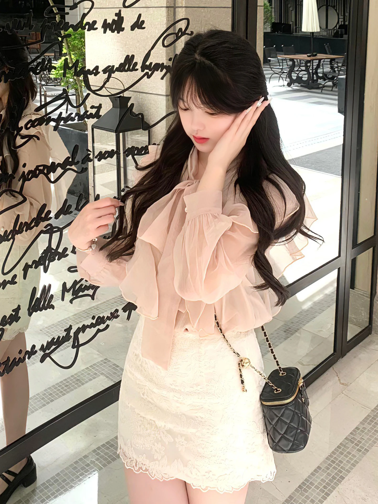 

Pink Long Sleeve Lace Half Skirt Two Piece Set Elegant Miu Style Fashionable Casual Wear Polyester Fiber High Waist V Neck