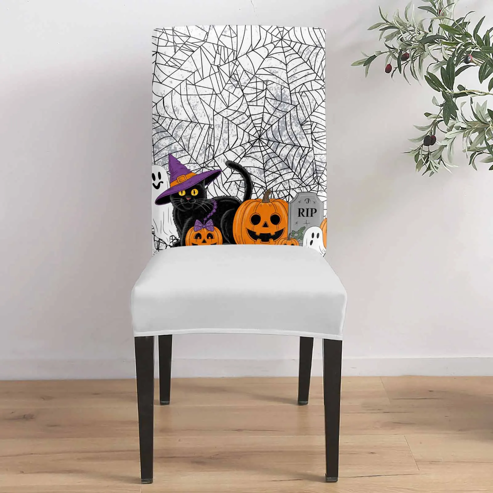 

White Web Ghost Cat Tombstone 4/6/8PCS Spandex Elastic Chair Case For Wedding Hotel Banquet Dining Room