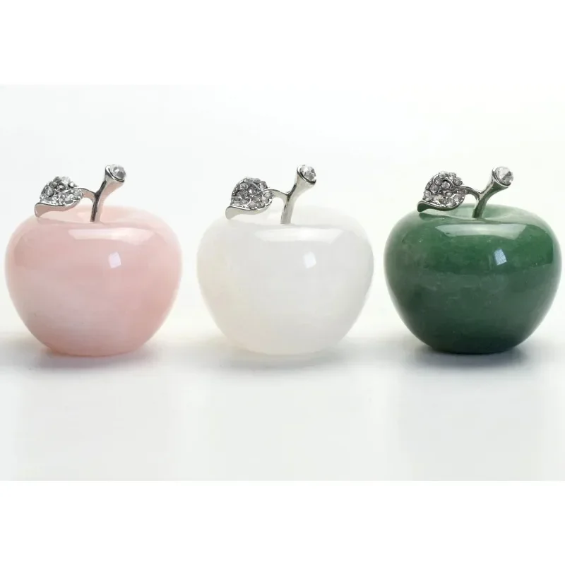 

1.7 INCH Natural Chakra Semi-precious Stone Ornaments Crystal Reiki Healing Apple Statue with Alloy Leaf Home Decoration